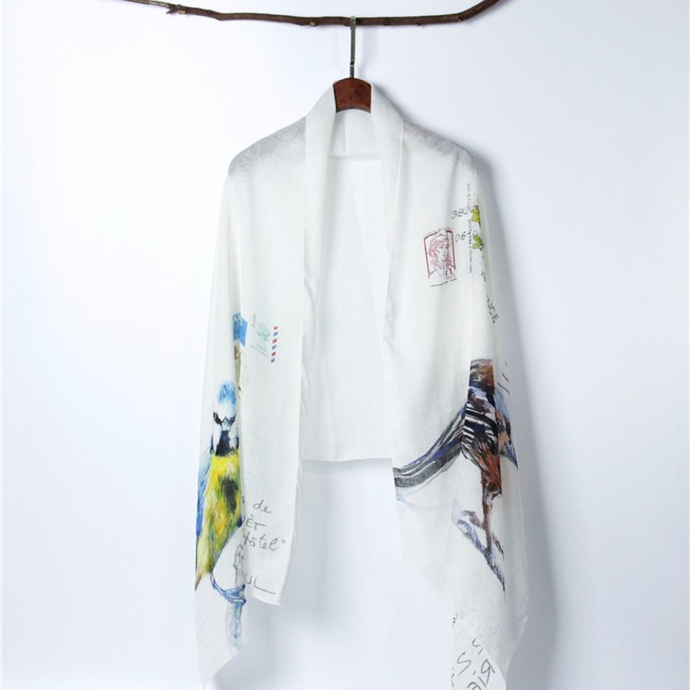 digital print postcard birds white women's SCARF